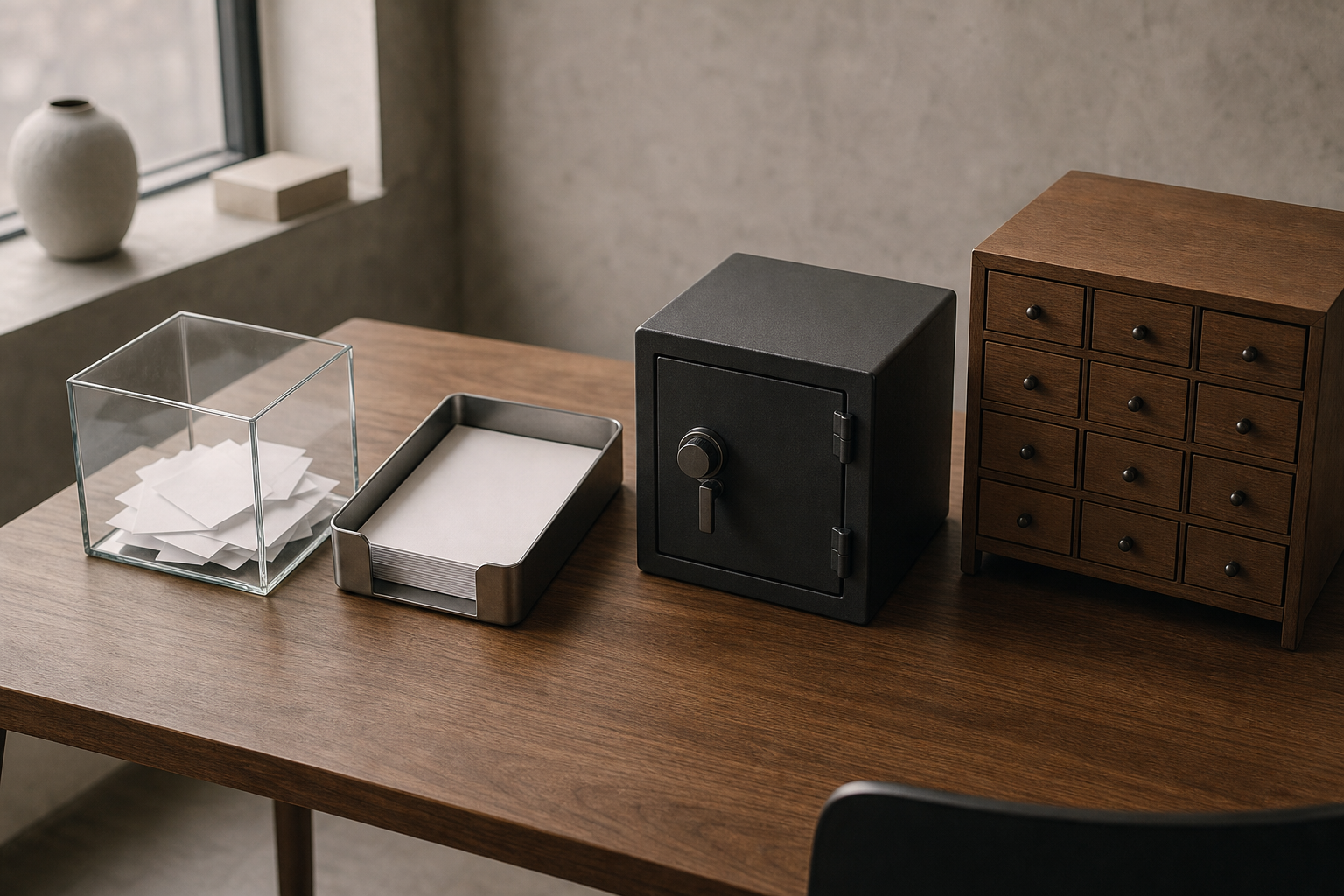 Modern desk with four storage containers symbolizing different memory types for an AI agent.