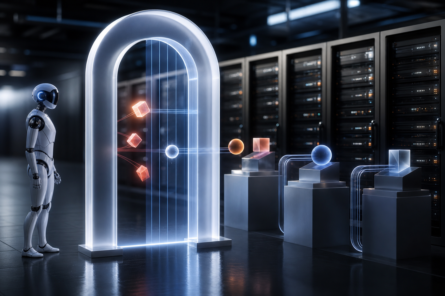 A glowing API gateway checkpoint intercepting unauthorized procurement requests before they reach enterprise systems.