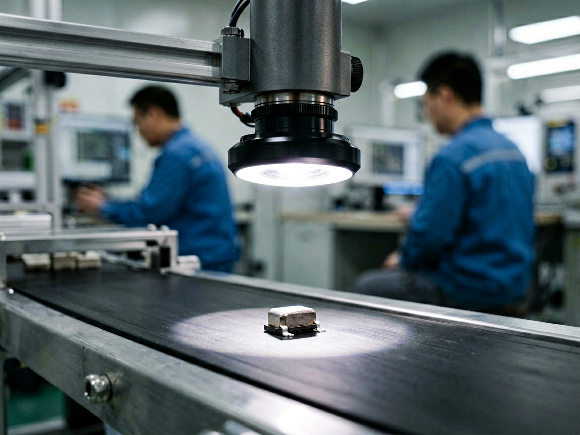 Close-up of a small MLCC capacitor under inspection by a camera on a production line, with a blurry operator in the background.