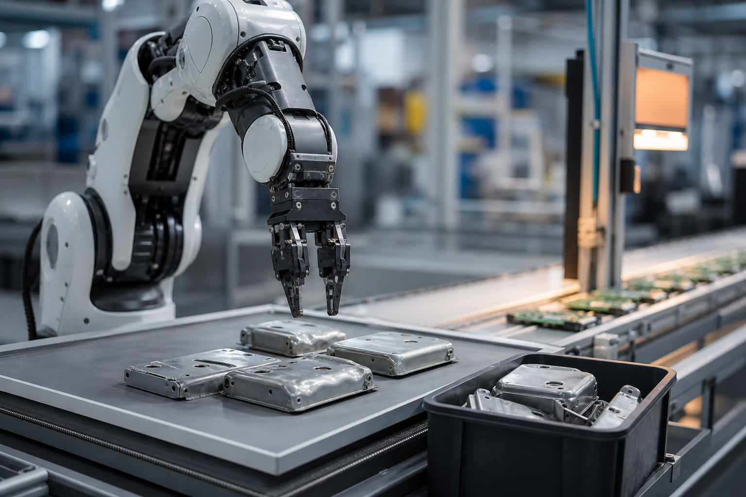 Humanoid robot arm pausing at a workstation with a slightly bent metal casing