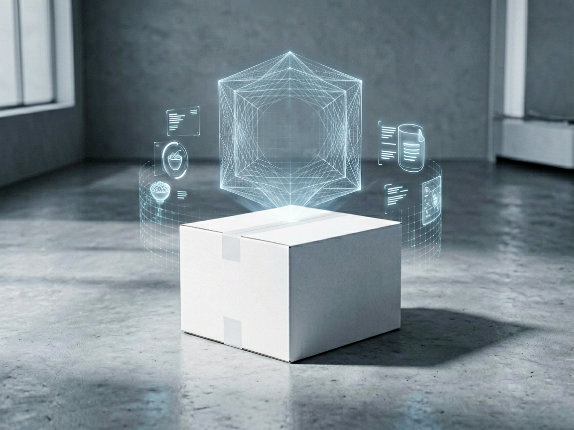A stylized digital shield protecting a stack of international shipping boxes, featuring subtle geometric watermark patterns, set against a blurred background of