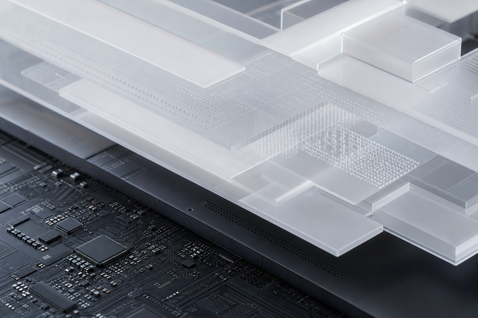 A conceptual editorial image showing a complex, layered engineering blueprint or circuit board structure transitioning into a clean, modern automotive sensor ar