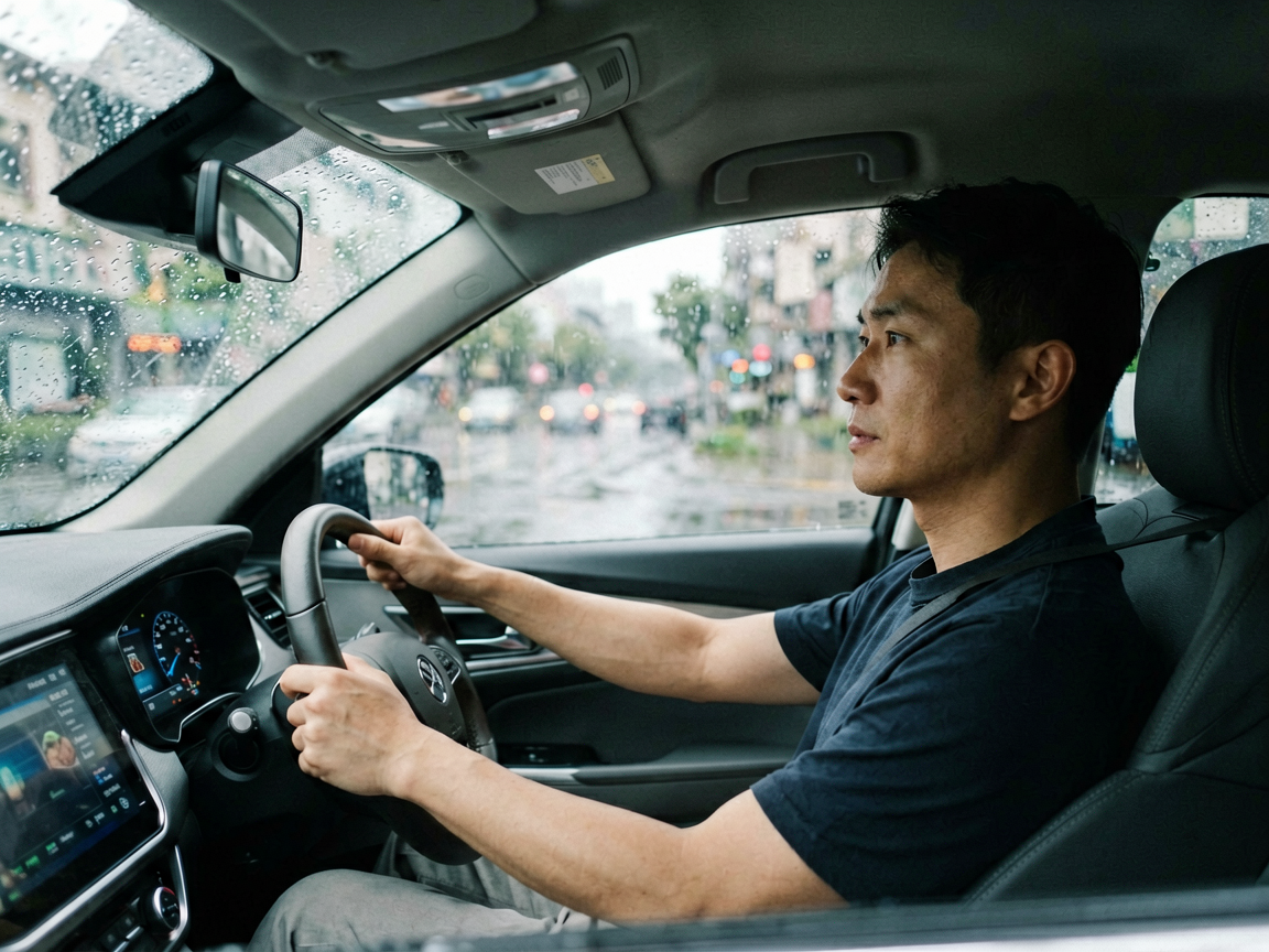 A driver's perspective inside a modern car during heavy rain, showing hands hovering near but not gripping the steering wheel, emphasizing trust in the automate
