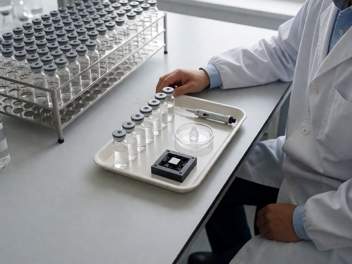 A small set of crystallization vials and one clear crystal on a lab bench, with a large unused sample rack receding into shadow.