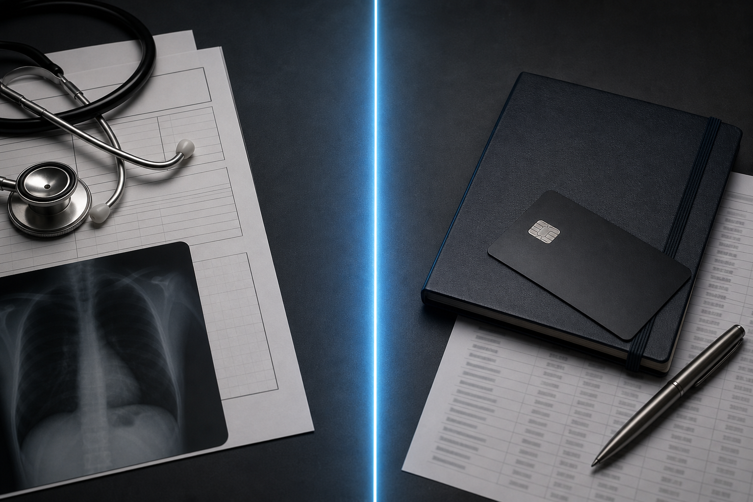 A symbolic editorial still life of a medical document and a financial ledger separated by a glowing boundary line, representing data privacy and compliance in A