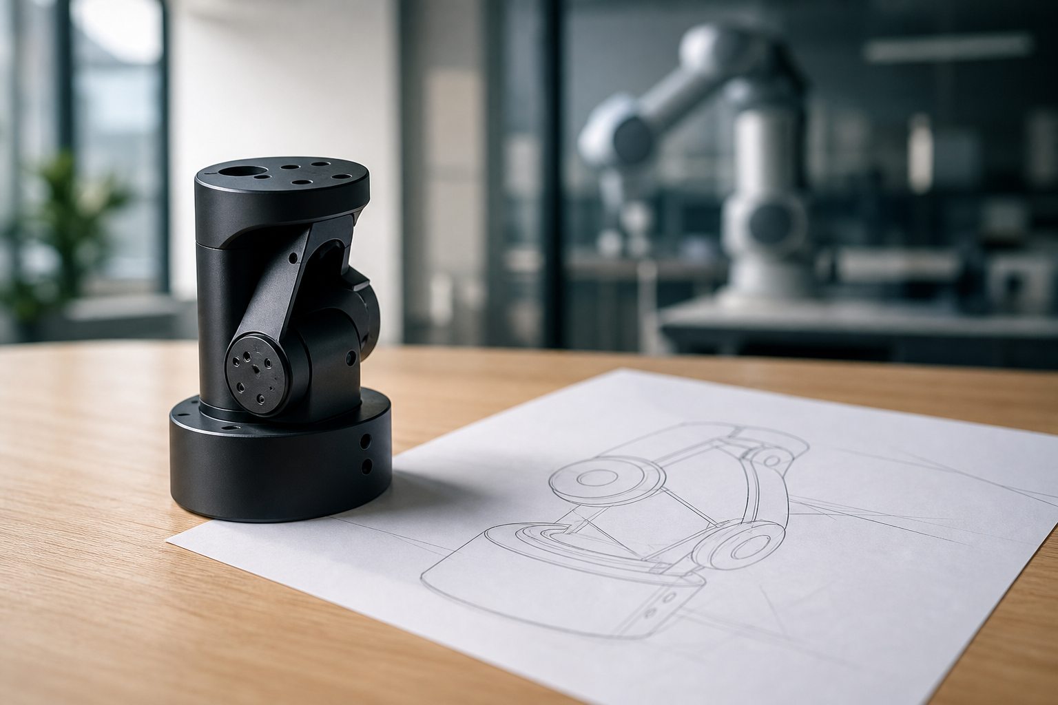 A detailed architectural blueprint of a robotic arm overlaid on a clean industrial workspace