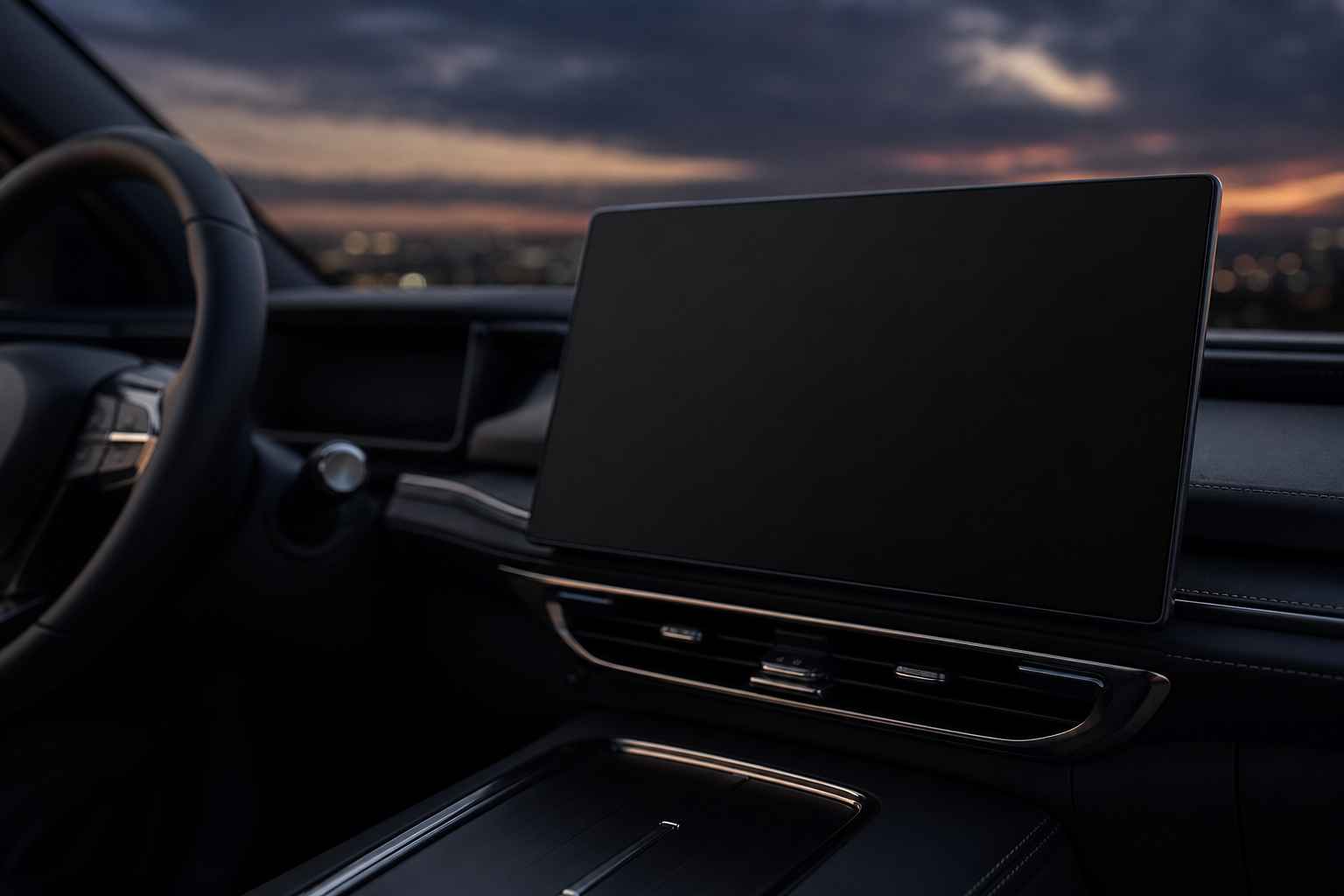 A blurred, out-of-focus view of a modern car dashboard with empty space where a screen or map should be, symbolizing missing information.