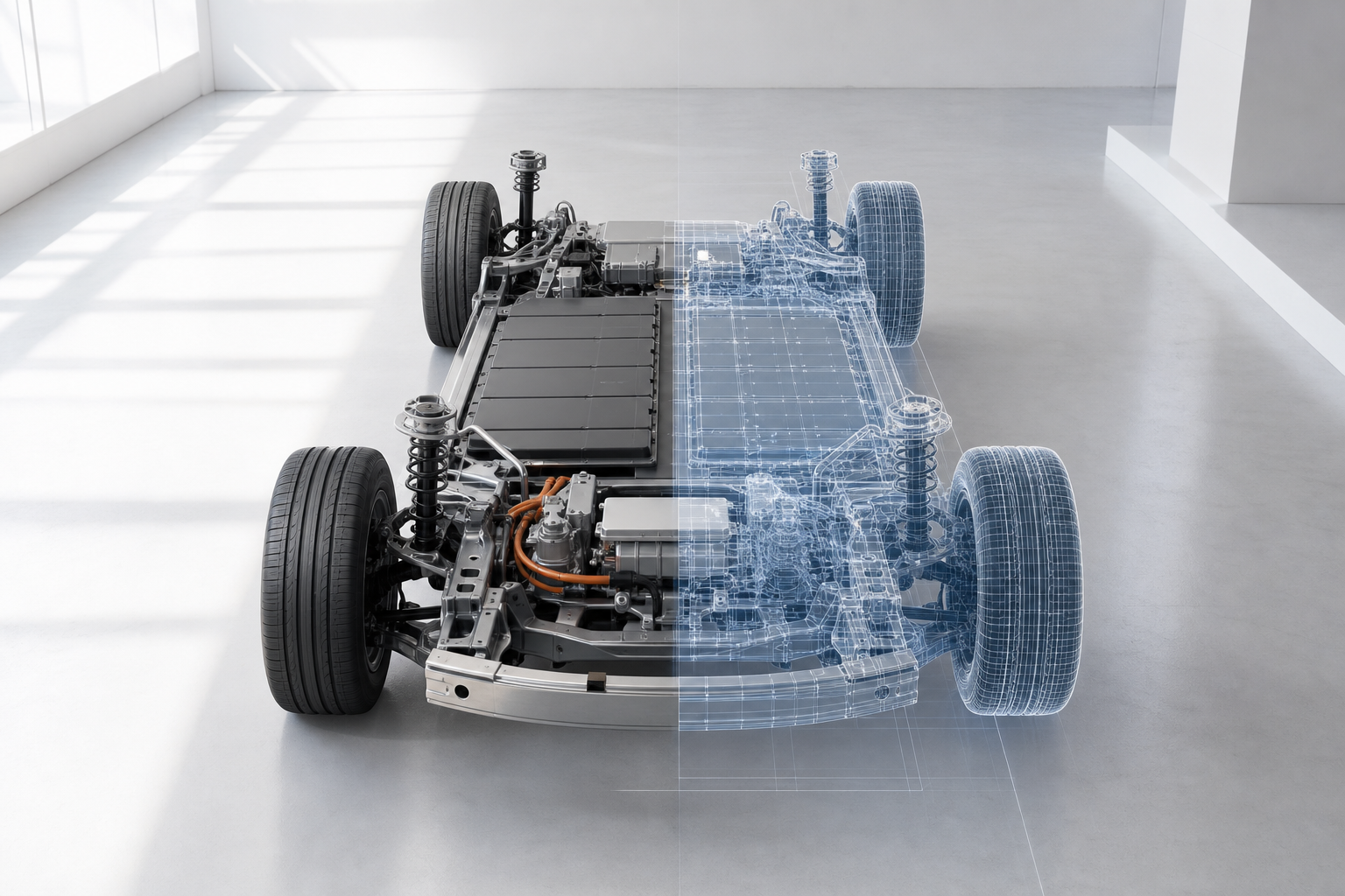 A modern car chassis transitioning from physical metal to a digital wireframe in a white studio.