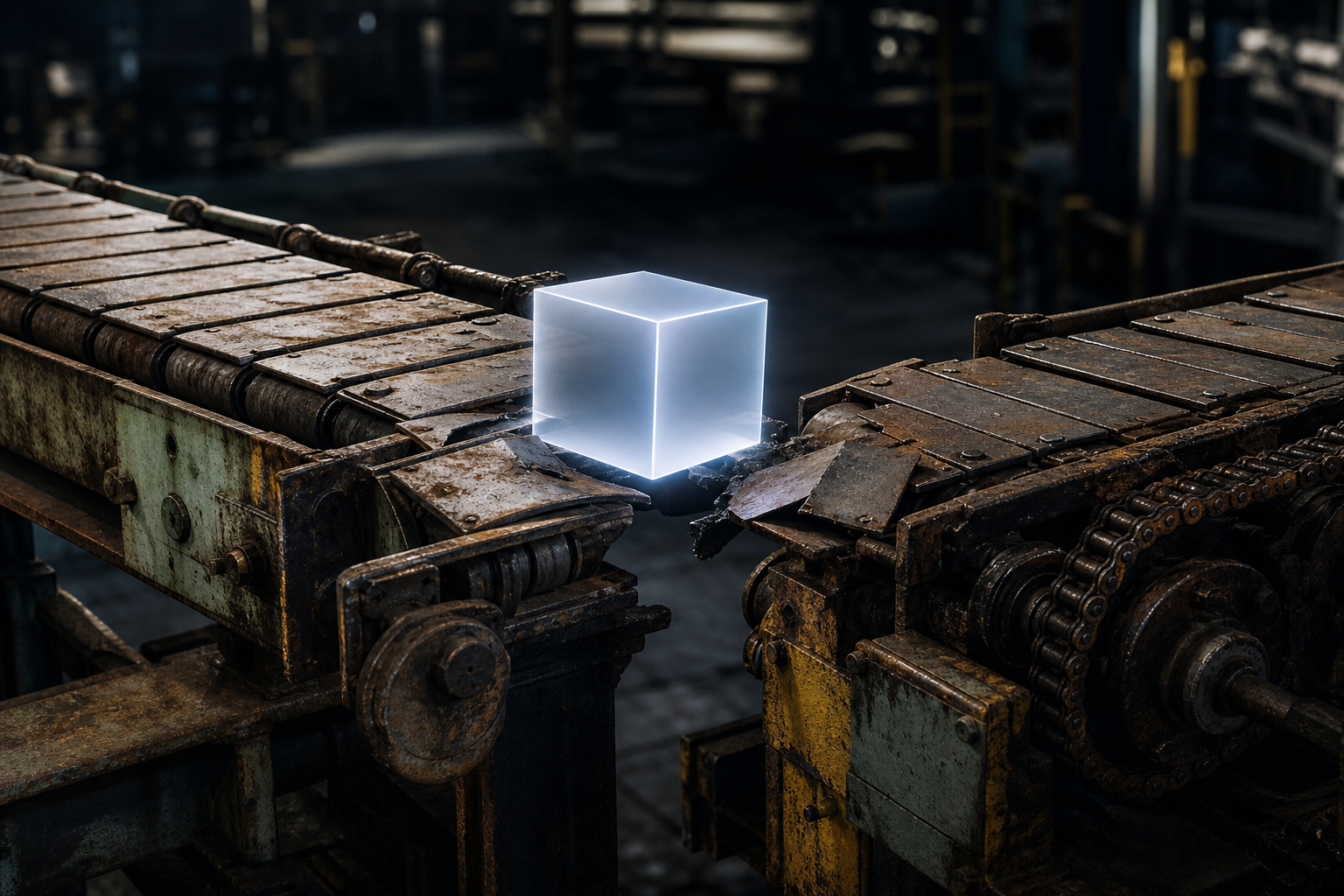 A broken industrial conveyor belt where a sleek, glowing cube is stuck at a gap, symbolizing AI's failure to connect with messy, real-world processes.