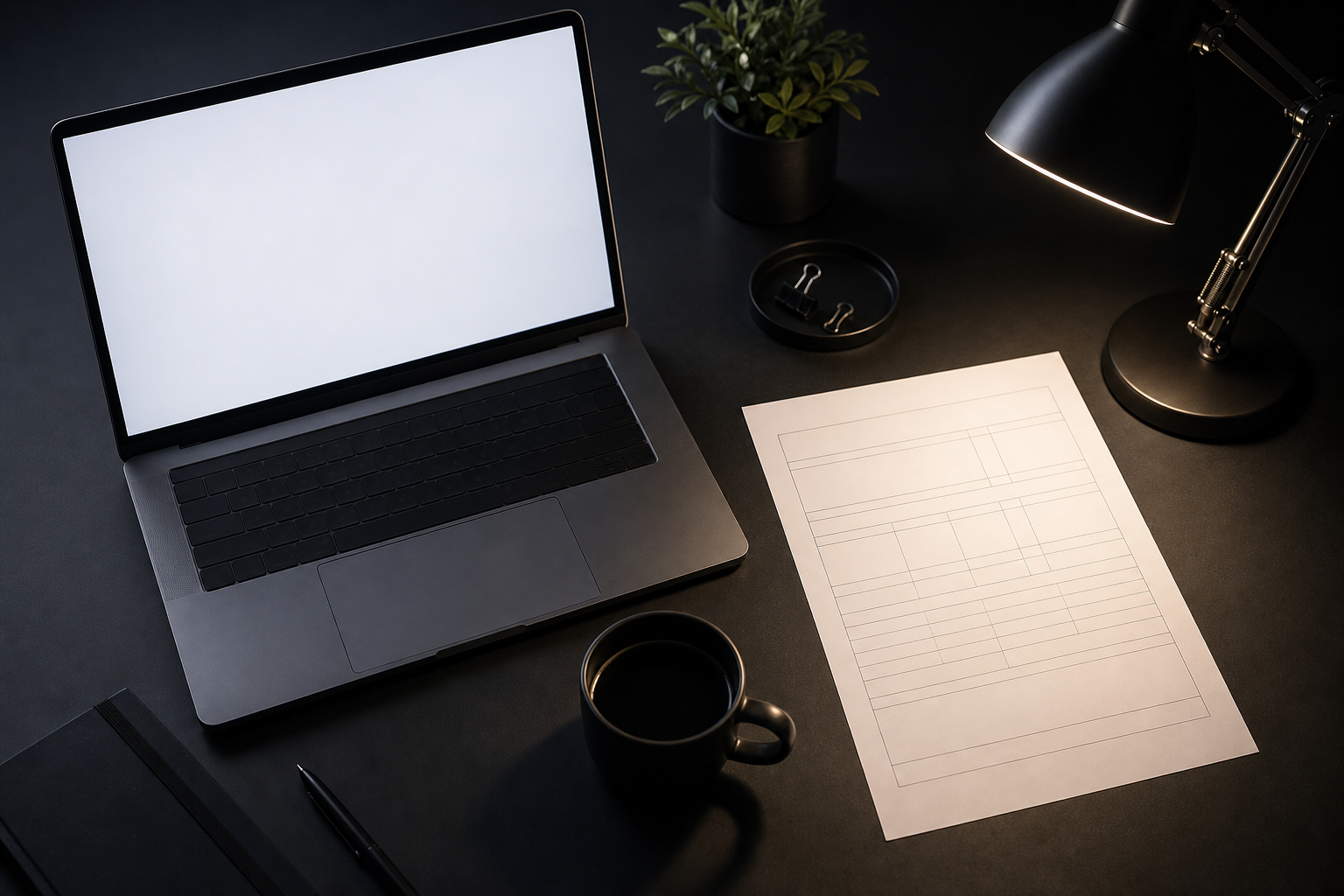 A glowing digital dashboard with financial columns shown as blank placeholders on a dark desk