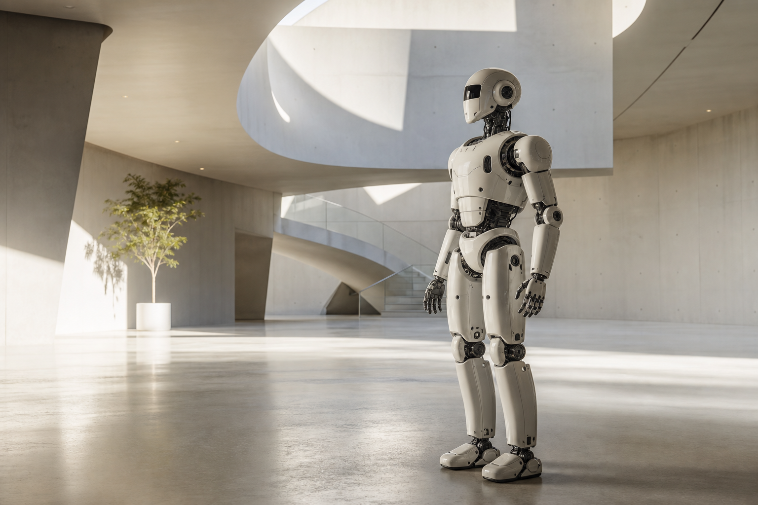 A sleek, modern robot standing in a minimalist architectural space.