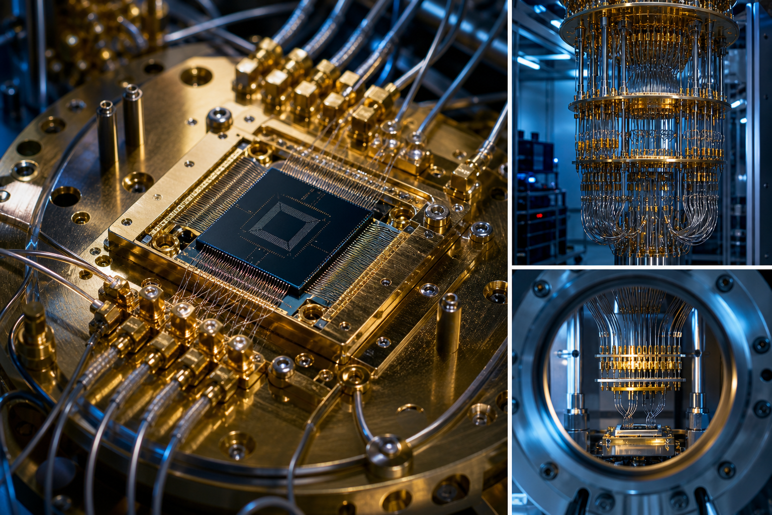 Close-up of a quantum processor chip inside a dilution refrigerator with intricate wiring and gold-plated components