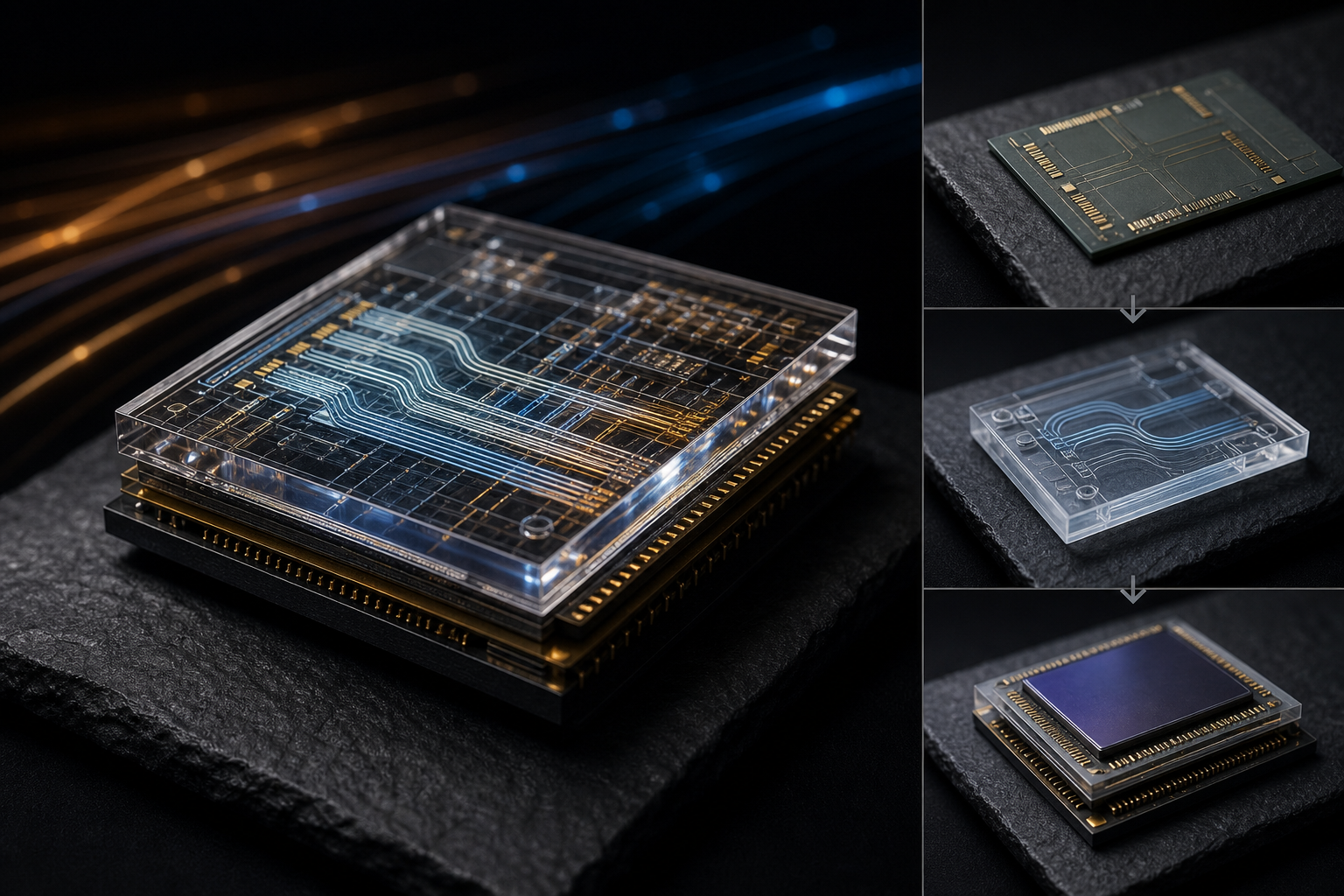 A conceptual editorial image showing a hybrid electronic-photonic chip prototype alongside abstract representations of classical and quantum data streams, empha