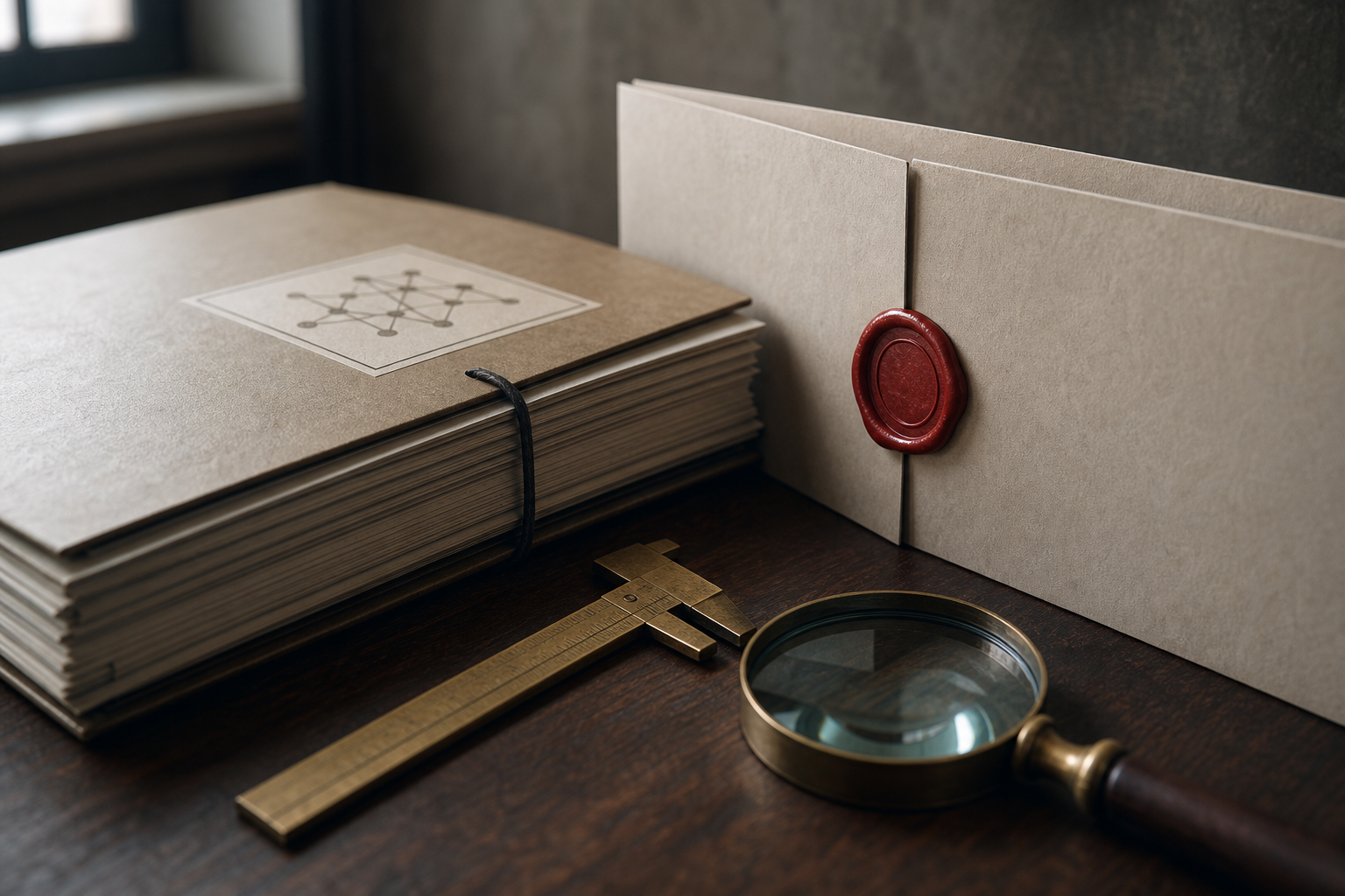 Editorial still life of a red stamp on a paper gate blocking a folder of technical documents.