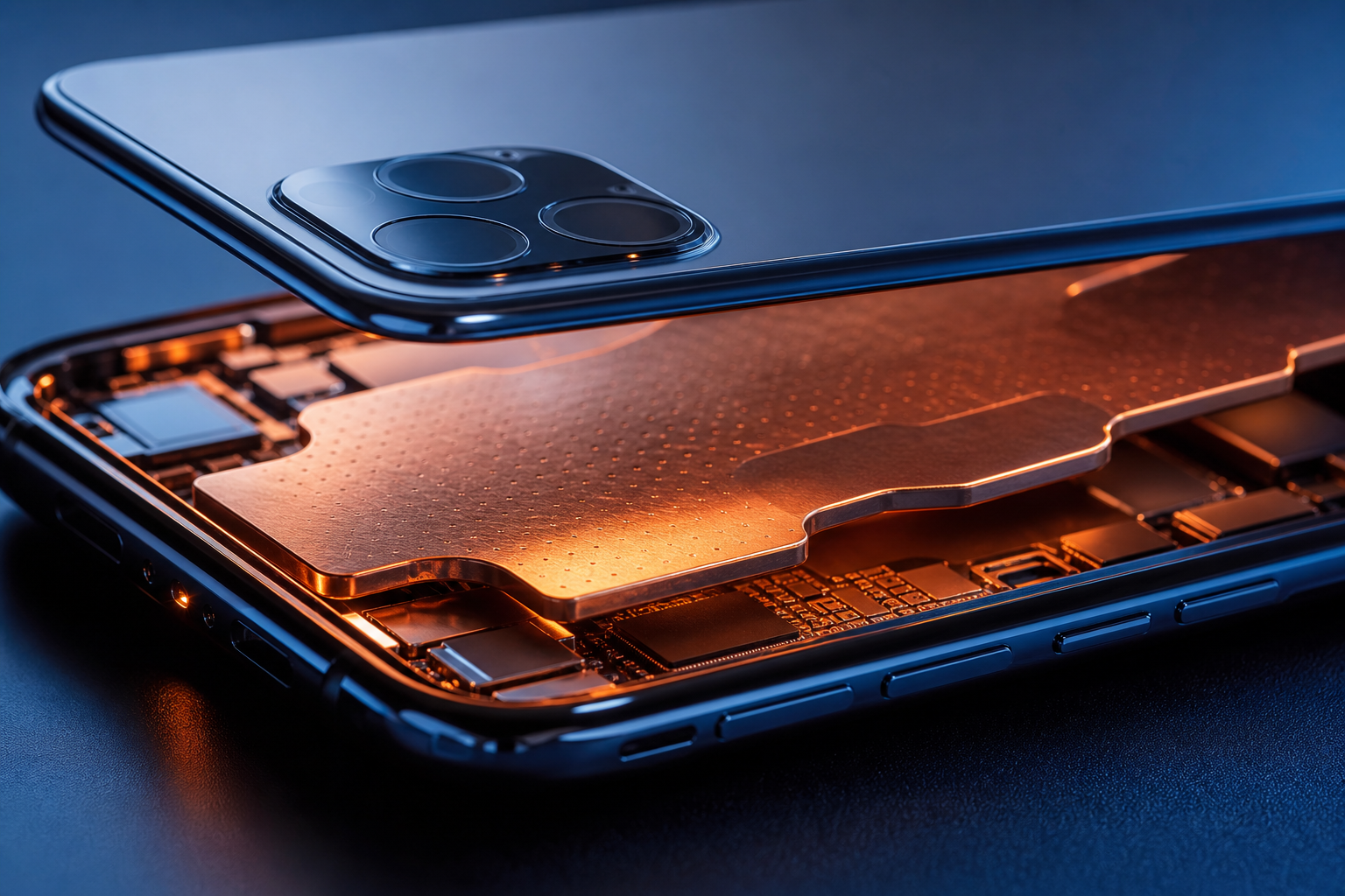 A close-up of a smartphone chassis with a translucent heat dissipation layer revealing internal circuitry, emphasizing thermal stress and engineering solutions.
