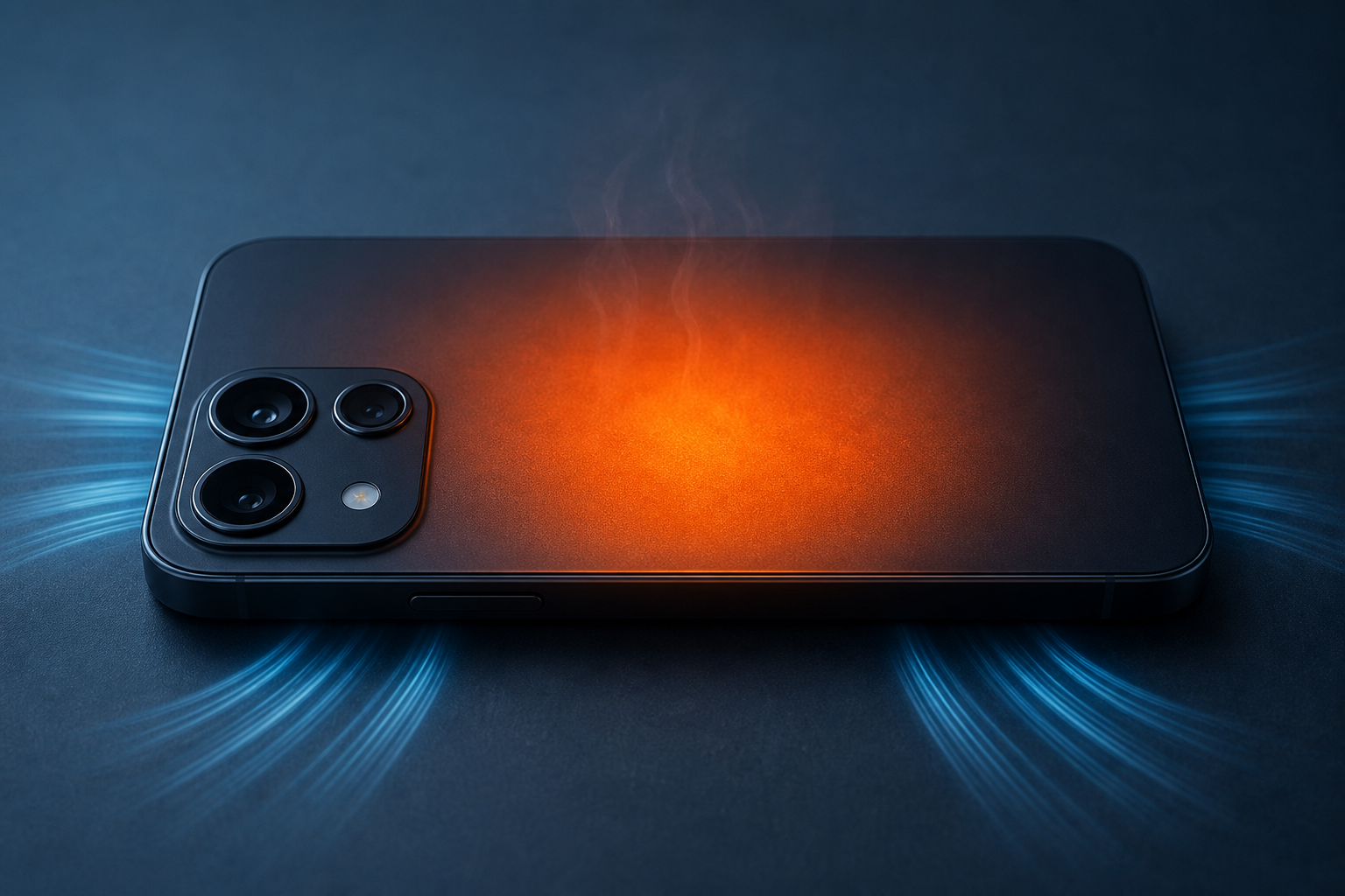 Close-up of a smartphone chassis with subtle heat waves rising from the back panel against a cool blue background