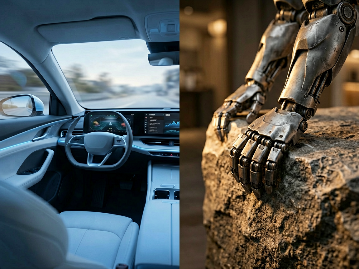 A conceptual editorial image showing a sleek autonomous vehicle interface merging with a human hand, symbolizing the fusion of digital cognition and physical em