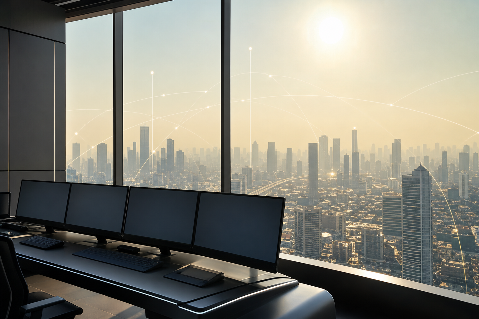 A stylized, high-tech visualization of a power grid control center overlooking a sun-drenched cityscape, emphasizing data flow and thermal management.