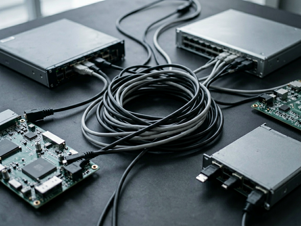 Abstract representation of mixed computing components struggling to connect