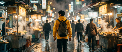 Cinematic night scene of a young man in a yellow hoodie walking away through a rain-slicked night market, captured in a single continuous tracking shot