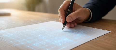 A human hand poised to sign a blank document with faint digital grid overlay.