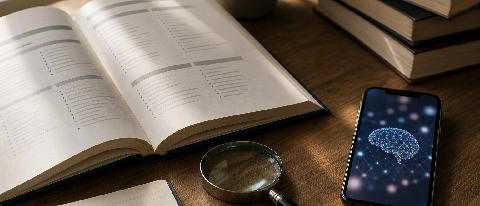 A university course catalog open on a desk, with a magnifying glass resting on a page listing foundational computer science courses, while a smartphone displayi