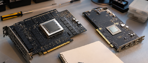 A close-up of two different accelerator cards side by side on a workbench, with a printed code snippet and a small notebook beside them.