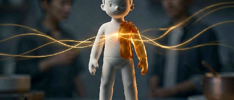 A digital character statue with subtle glowing memory threads connecting to a player silhouette