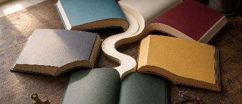 A wooden desk with five open books fanned out, their pages merging into a single glowing thread.