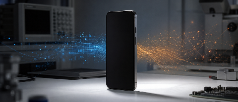 A sleek smartphone on a lab bench with abstract data patterns, symbolizing AI performance metrics.