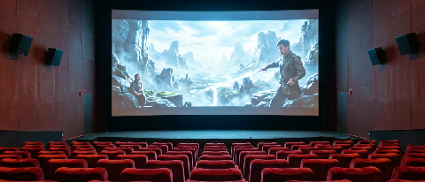 A cinematic movie theater with empty seats facing a screen displaying a hyper-detailed but emotionally cold AI-generated film poster, symbolizing the disconnect