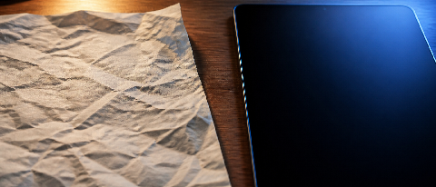 A student's hand holding a paper form next to a glowing digital interface