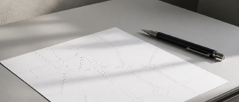 A minimalist desk setup showing a split focus between a complex blueprint and a simple pen, symbolizing efficient code refactoring.