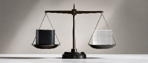 A balanced scale comparing two distinct abstract technological pillars