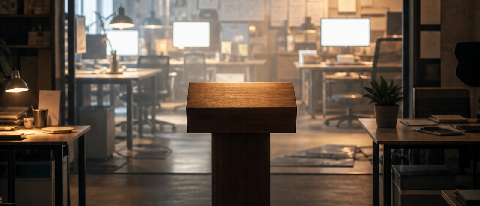 A single spotlight dims on a podium labeled with a fading prompt symbol while a broader stage of connected workstations brightens behind it.