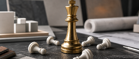 Editorial still life: a heavy golden chess king towering over small white pawns on a dark desk beside architecture blueprints and abstract circuit patterns.