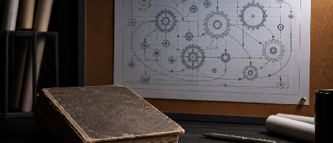 A worn-out, dusty book titled 'Prompt Engineering' lies discarded on a desk, while a clean, complex blueprint of interconnected gears and data loops labeled 'Ag