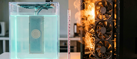 Editorial cover image contrasting an immersion liquid-cooling tank with a roaring air-cooled server rack.