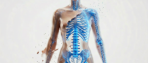 A translucent digital avatar shedding a realistic human mask to reveal a geometric wireframe structure underneath
