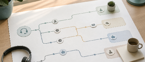 Editorial illustration of a customer support workflow diagram on an engineer's desk with a headset and routed ticket paths.