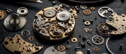 A complex mechanical clockwork mechanism with interlocking gears representing fragmented AI agent tasks and costs