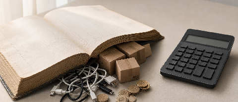 A worn ledger book beside a modern calculator, with hidden cost items spilling out, symbolizing the hidden costs of AI Agent ROI in e-commerce.