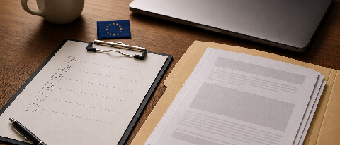 Open folder with risk-classification checklist on a desk beside a laptop and a small EU flag pin.