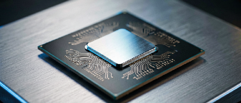 Close-up of a high-tech data center server rack with a prominent chip module and cooling fins.