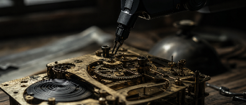 A close-up of a complex, vintage mechanical clockwork mechanism with exposed gears, partially obscured by the sleek, cold shadow of a modern robotic arm hoverin