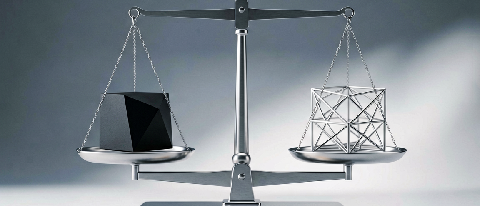 A minimalist editorial still life of a precision balance scale with abstract geometric blocks representing different computing architectures, set against a neut