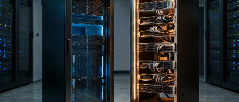 Two contrasting server racks in a data center, one enclosed behind dark glass panels, the other open-frame with exposed components