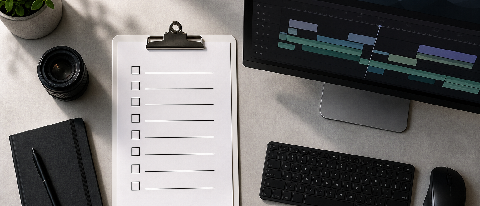 A minimalist desk setup featuring a checklist and video editing timeline interface