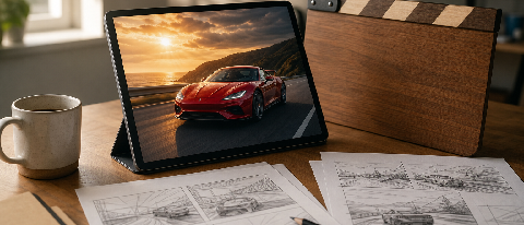 A desk scene with a tablet showing an AI video frame, a clapperboard, and storyboards.