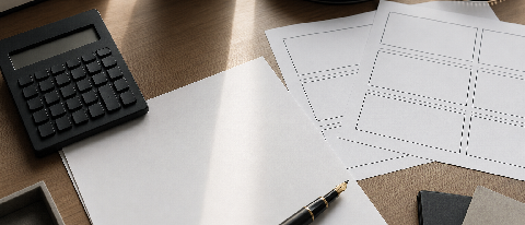 A professional desk with a calculator, a blank contract, and a film storyboard.